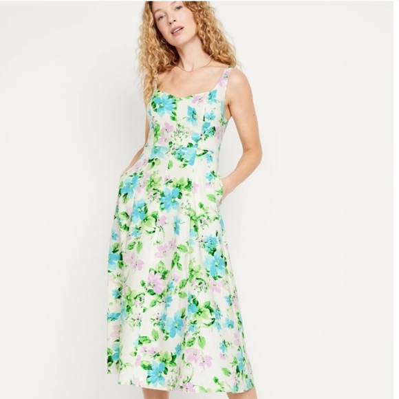 OLD NAVY Womens Fit & Flare White Floral Linen-Blend Midi Dress  Size XL - Picture 2 of 9